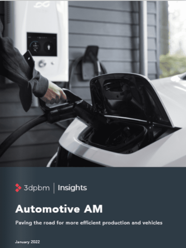 cover of 3dpbm Insights Automotive AM Issue shows white car being fueled